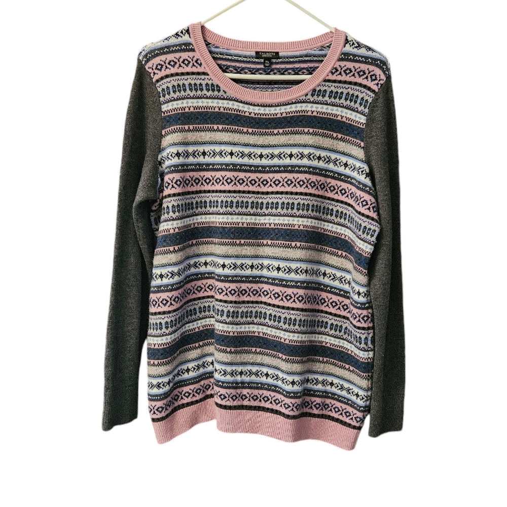 Talbots Fair Isle Striped Sweater Women's 1X Petite Nylon/Lambswool Blend Gray